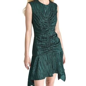 DKNY Green Metallic Textured Asymmetrical Hem Ruched Sleeveless Mini Dress 10
